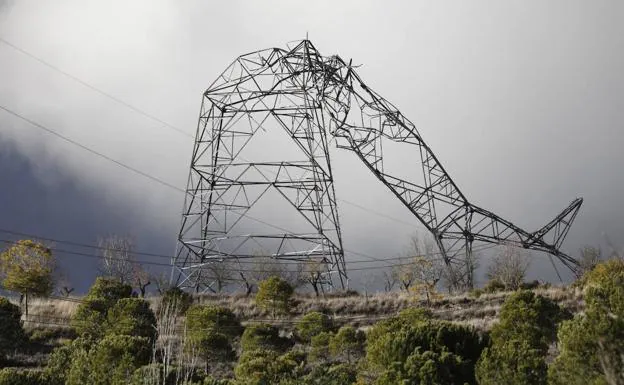 Torre de alta tensión derribada por el viento en Piñel de Arriba. En el vídeo, árboles derribados por el viento en la urbanización La Corala, en Laguna de Duero