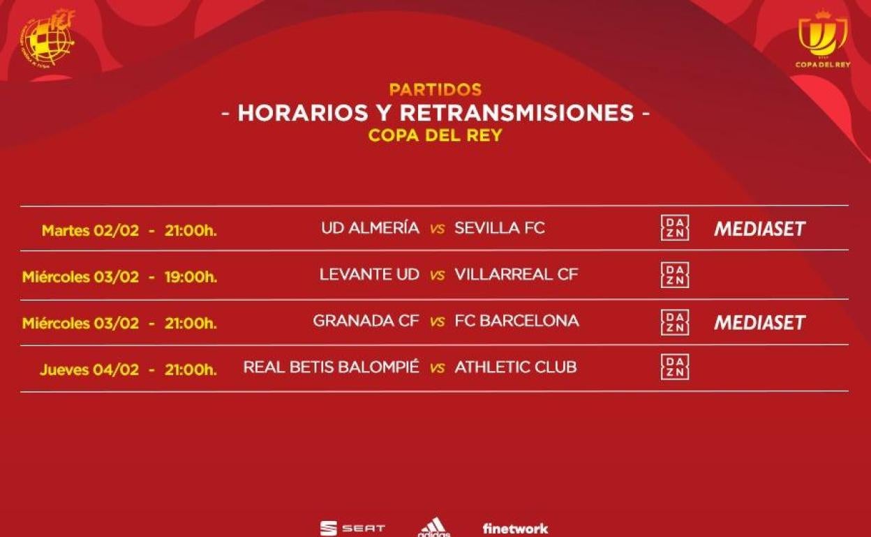 Emparejamientos y horarios de cuartos de final de la Copa del Rey. 