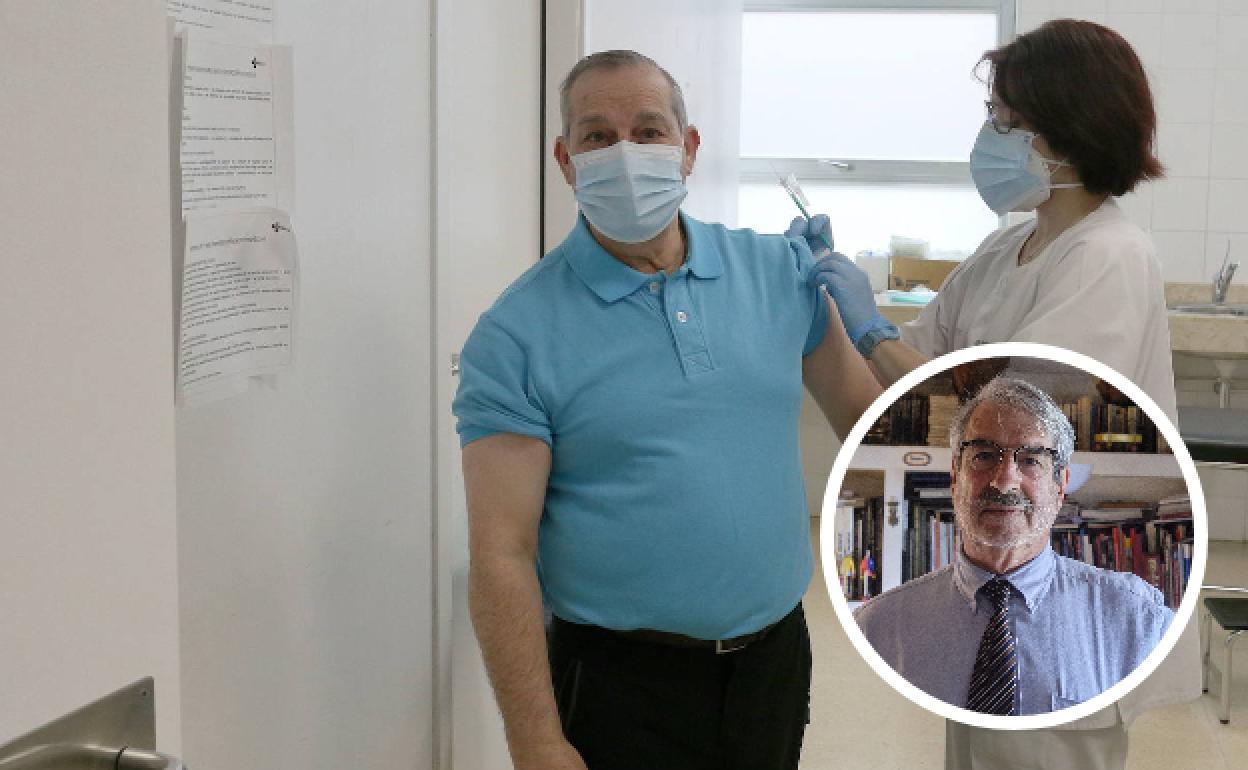 Un técnico de emergencias sanitarias recibe la vacuna en Palencia. En el círculo, Raúl Ortiz de Lejarazu, director emérito del Centro Nacional de la Gripe.