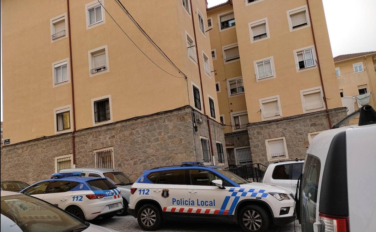 Coches de la Policía Local de Segovia, este domingo por la mañana, ante la entrada al portal donde se ha detenido a los 'okupas'. 