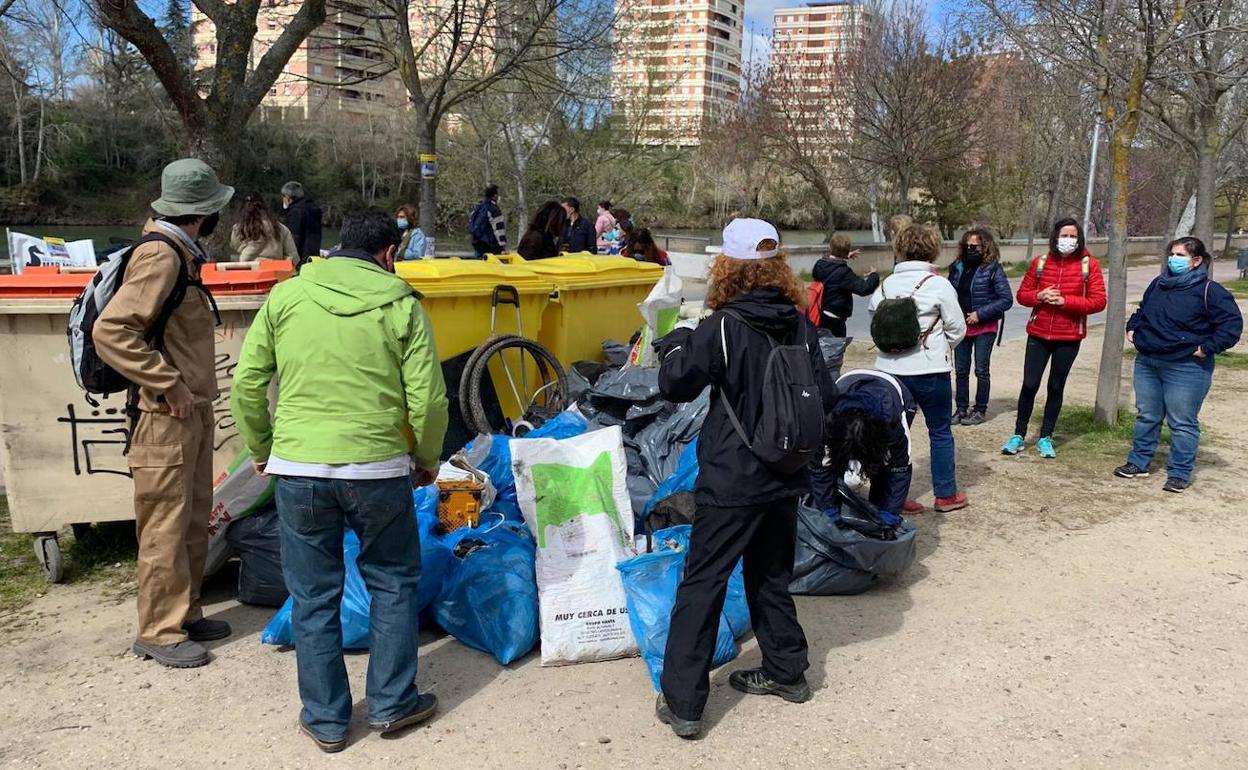 Los voluntarios apilan las bolsas de basura retirada de las riberas del Pisuerga.