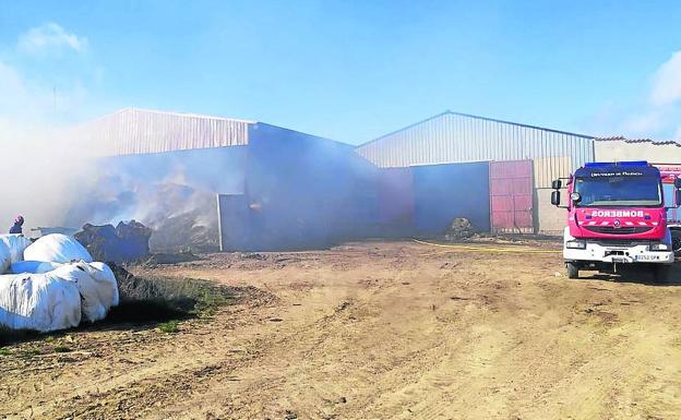 Los bomberos de Saldaña y Cervera sofocan ayer el incendio en la explotación ganadera.