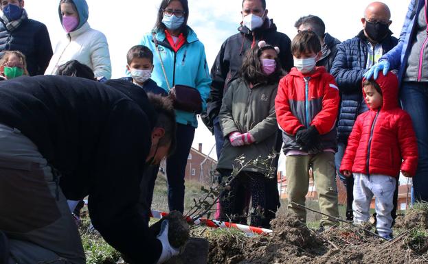 Mayores y niños atienden a las explicaciones en la plantación de árboles que ha tenido lugar este domingo en Segovia. 