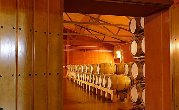 Sala de barricas en una bodega de la Denominación de Origen Ribera del Duero. 