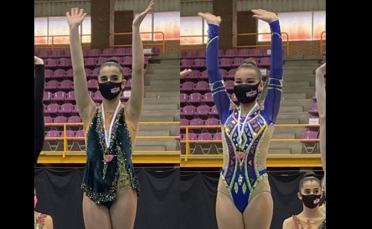 Elena Bernal, oro senior cinta, y Valeria Carballo, oro senior mazas, en sus respectivos podios. 