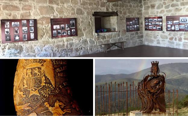 Arriba, recopilación de fotos de archivos familiares, con las que después se hacen exposiciones.Debajo, detalle de una cuerna de arte pastoril de Villavieja de Yeltes y escultura que representa la leyenda de la Reina Quilama en San Miguel de Valero.