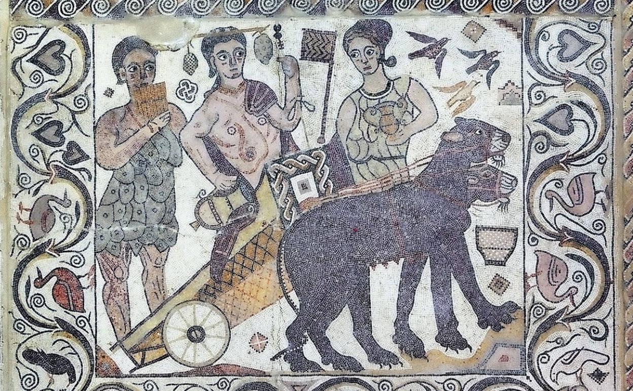 Recreación con imágenes digitales del friso dedicado al dios Baco del mosaico de la Villa Romana de Santa Cruz, robado en 2011 en Baños de Valdearados.