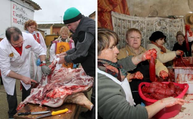 Despiece del cerdo durante la tradicional Fiesta de Exaltación de la Matanza y las mujeres de la localidad preparando chorizos y morcillas durante esa jornada festiva.