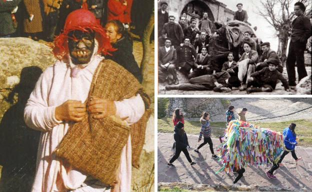 A la izquierda, un temible comarrajo. Al lado, la Tarasca en 1950 y debajo, la Curra o Vaca Romera recorriendo las calles de la localidad.