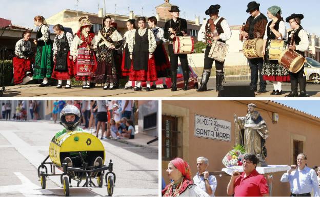 Arriba, certamen de tamborileros de las fiestas de verano. Debajo, uno de los autos locos de la carrera y procesión con la imagen de Santo Domingo de Guzmán.