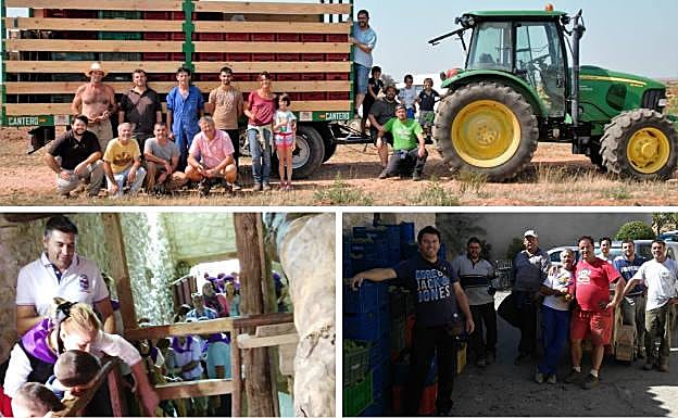 Arriba, vecinos en la viña el día de la vendimia. Debajo, unos visitantes observan el lugar donde se deposita la uva en un lagar y recogiendo el fruto de la vid para elaborar el vino de pueblo.