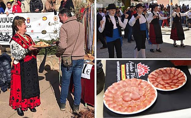 Las águedas, además de celebrar su fiesta el 5 de febrero, colaboran cada año en las Jornadas de la Matanza ofreciendo degustaciones. A la derecha, arriba, actuación del grupo de danzas El Torreón, también muy presente en las celebraciones de Guijuelo. Debajo, jamón listo para su degustación.