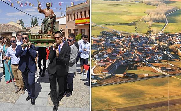 Los quintos portan las andas de San Bartolomé y vista aérea del pueblo.
