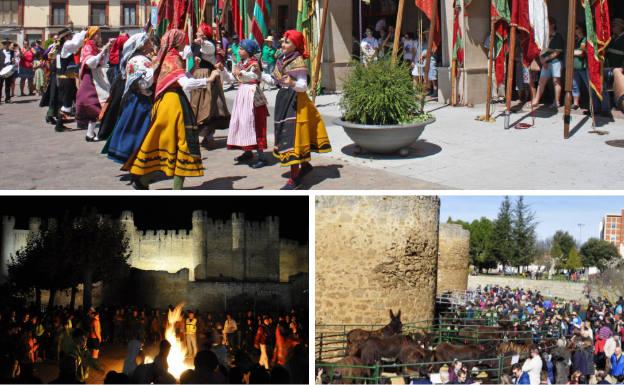 Arriba, celebración del Día de Asturias.Debajo, quema del carro de leña durante las fiestas de la Virgen del Castillo Viejo y exposición de burros en la feria multisectorial.