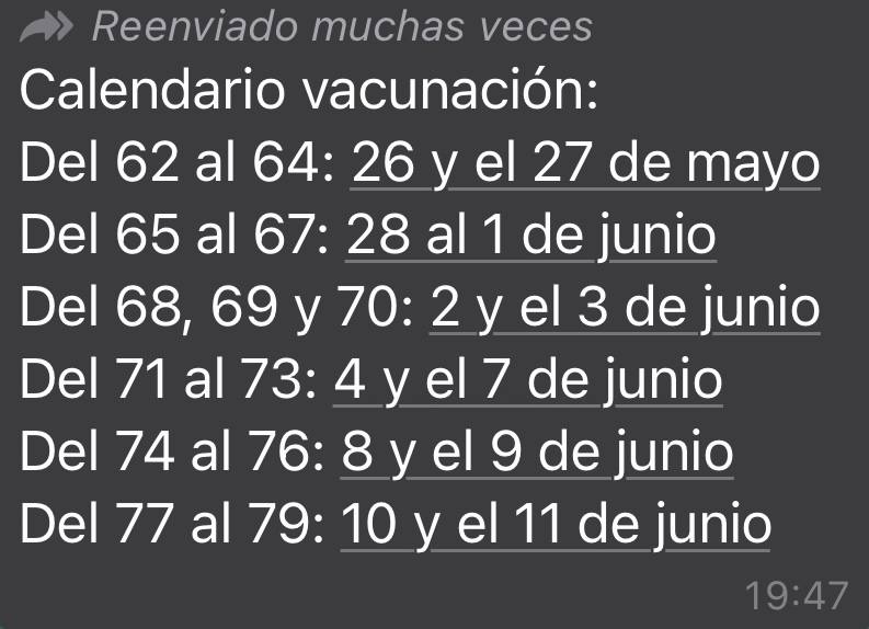 Mensaje con un calendario de vacunación, totalmente falso, para la provincia de Segovia.