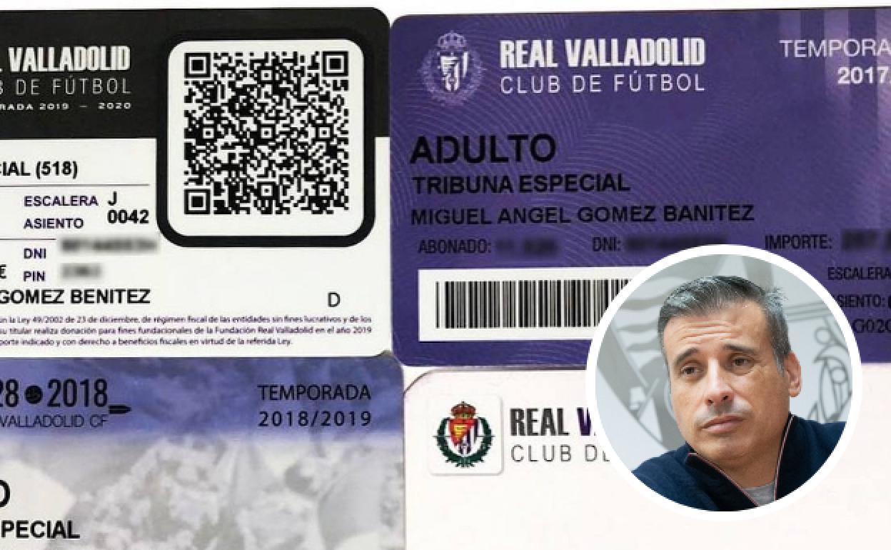 Mosaico con los distintos carnets, abonos de socio y pulseras del Real Valladolid que posee como recuerdo 