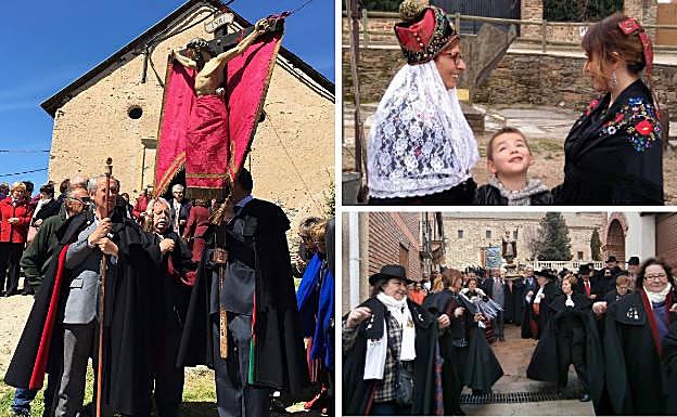 A la izquierda, fiesta de la Cruz de Mayo. Al lado, un niño observa a dos águedas y encuentro de capistas por San Blas.