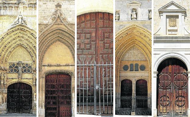 Puerta del Obispo, a la izquierda, seguida de la Puerta de los Novios, Puerta del hospital, Puerta de los Reyes o San Juan y Puerta de San Antolín. 