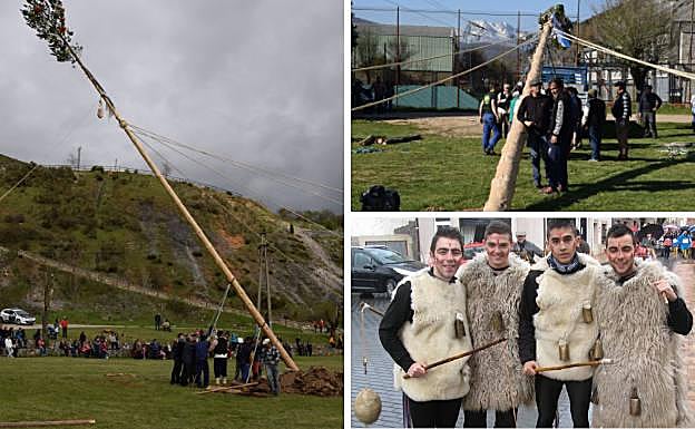 A la izquierda y arriba a la derecha, los mozos tratan de levantar un enorme mayo adornado con cintas en la copa. Debajo, zamarrones durante el Antroido.