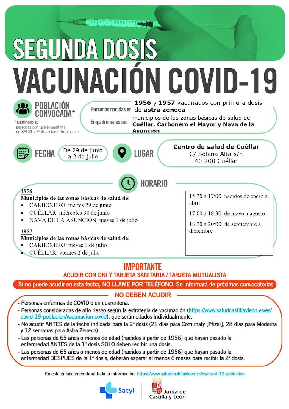 Horarios de vacunación para la próxima semana.