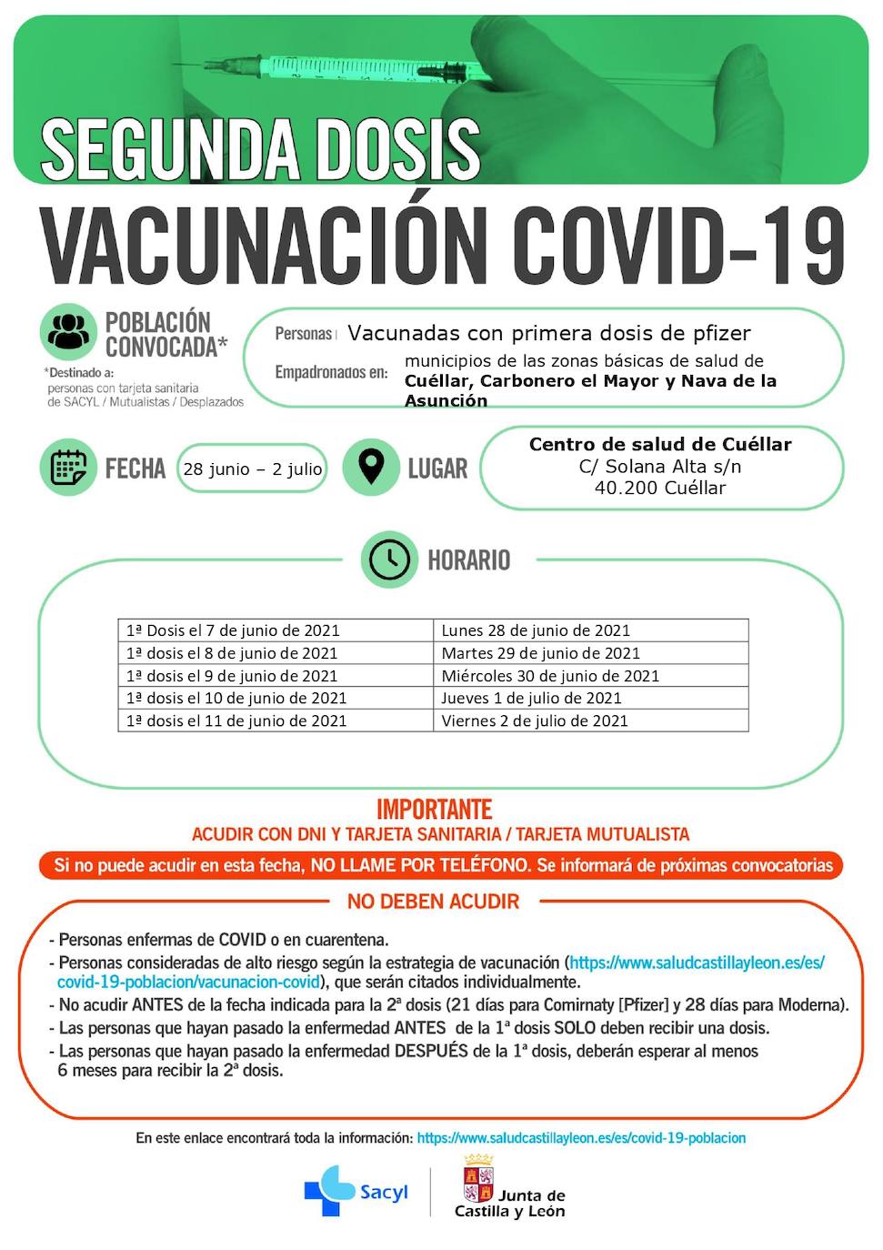 Horarios de vacunación para la próxima semana.