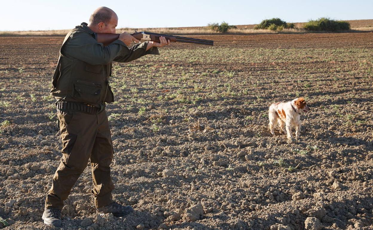 Un cazador apunta con su escopeta en presencia de su perro.