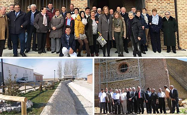 Autoridades y vecinos celebran la festividad de San Martín del Valle (arriba) y posan ante la iglesia de Villambroz (abajo derecha). A la izquierda, jardín de San Llorente del Páramo.