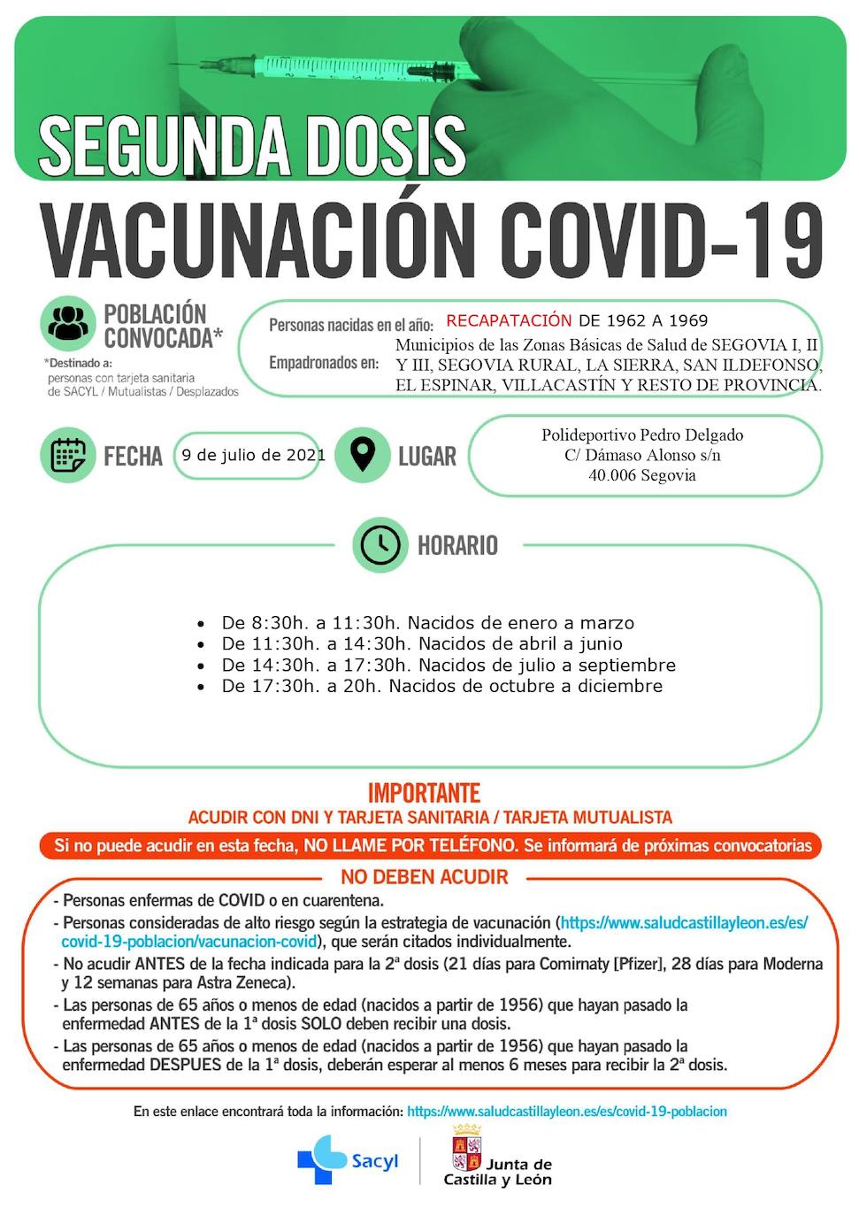 Horarios de vacunación para la próxima semana.