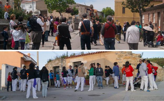 Arriba, procesión de San Isidro. Debajo, peñistas junto a la charanga durante las fiestas.