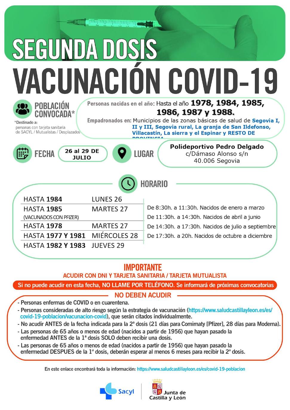 Horarios de vacunación para la próxima semana.