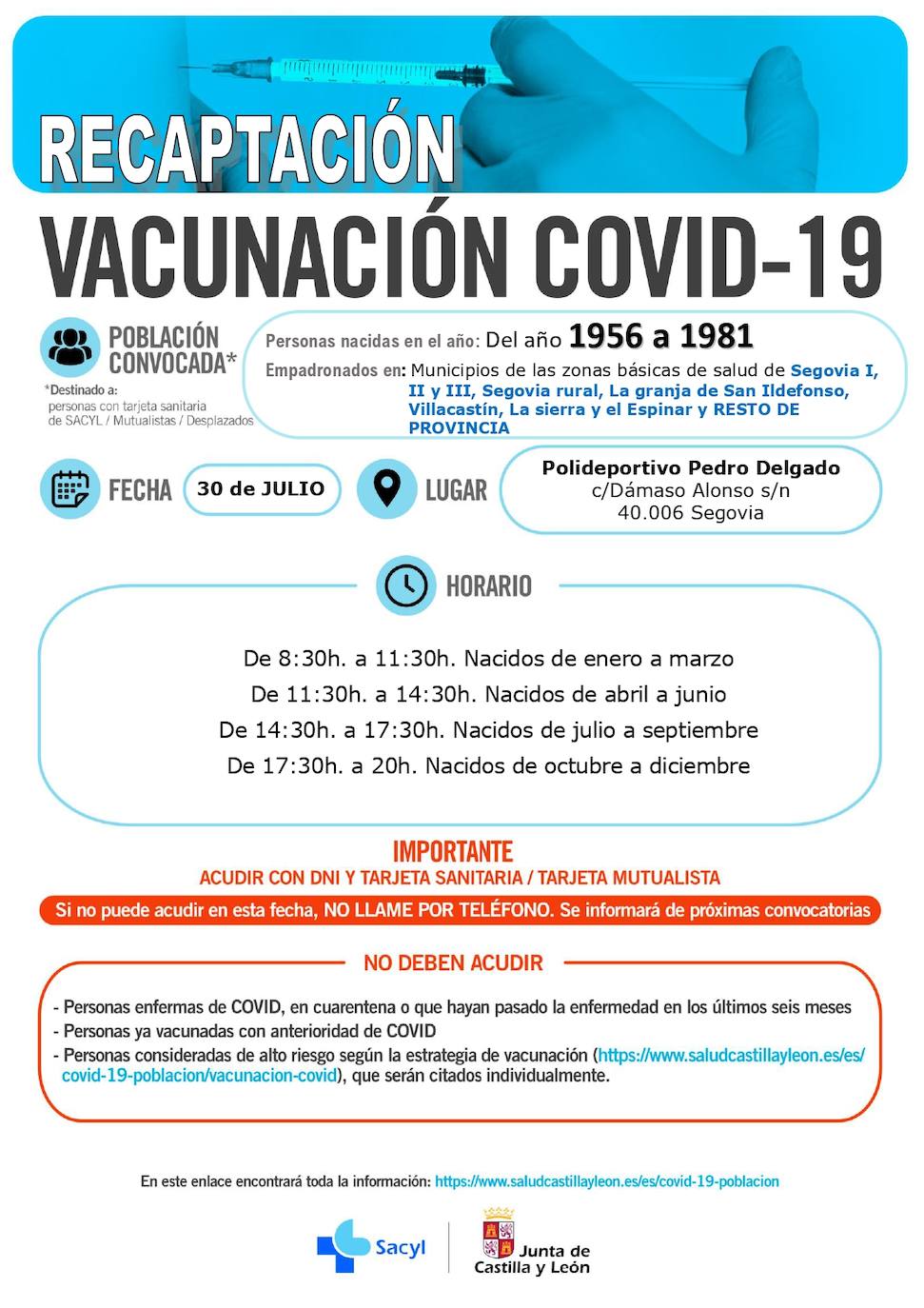 Horarios de vacunación para la próxima semana.