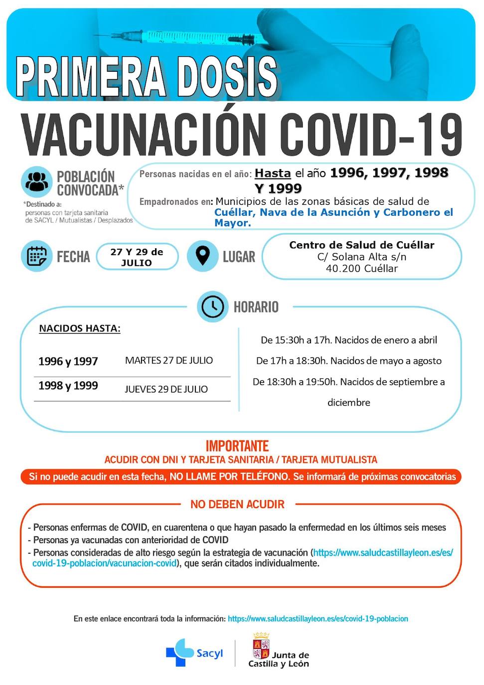 Horarios de vacunación para la próxima semana.