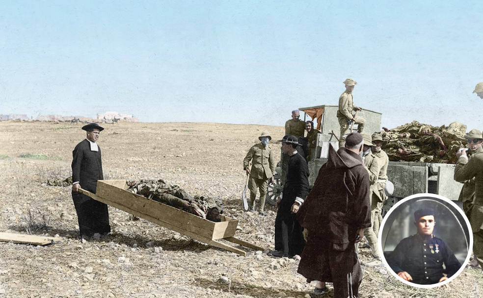 En grande, fotografía del desastre de Annual; en pequeño, el segoviano Benedicto Arranz en Melilla, hacia 1922. 