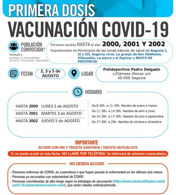 Llamamiento para la vacunación a los nacidos entre 2000 y 2002 en el pabellón Pedro Delgado de Segovia. 