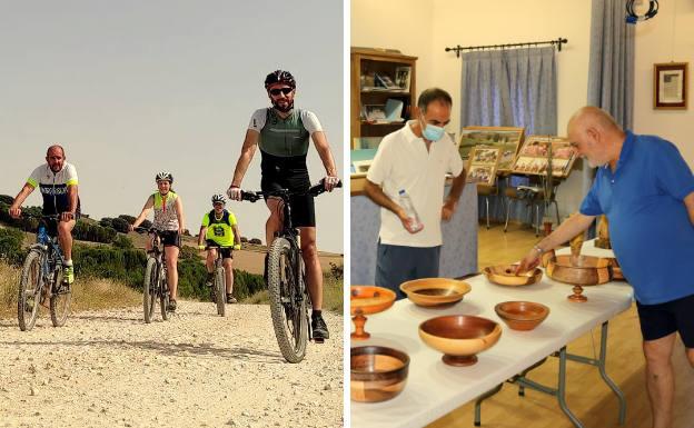 A la izquierda, ciclistas disfrutando de una ruta en bici, un atractivo del verano. Demófilo Barcenilla expondrá sus nuevos trabajos del 10 al 15 de agosto. 