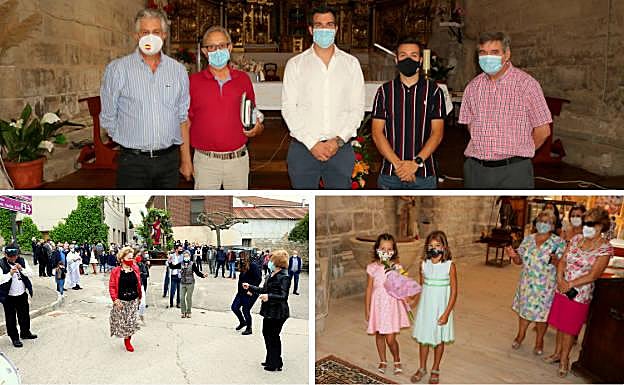 Autoridades municipales junto al párroco con motivo de las fiestas de la Virgen de los Remedios. Debajo, los herrerenses danzan en honor a San Isidro y las niñas ofreciendo sus flores a la Virgen.