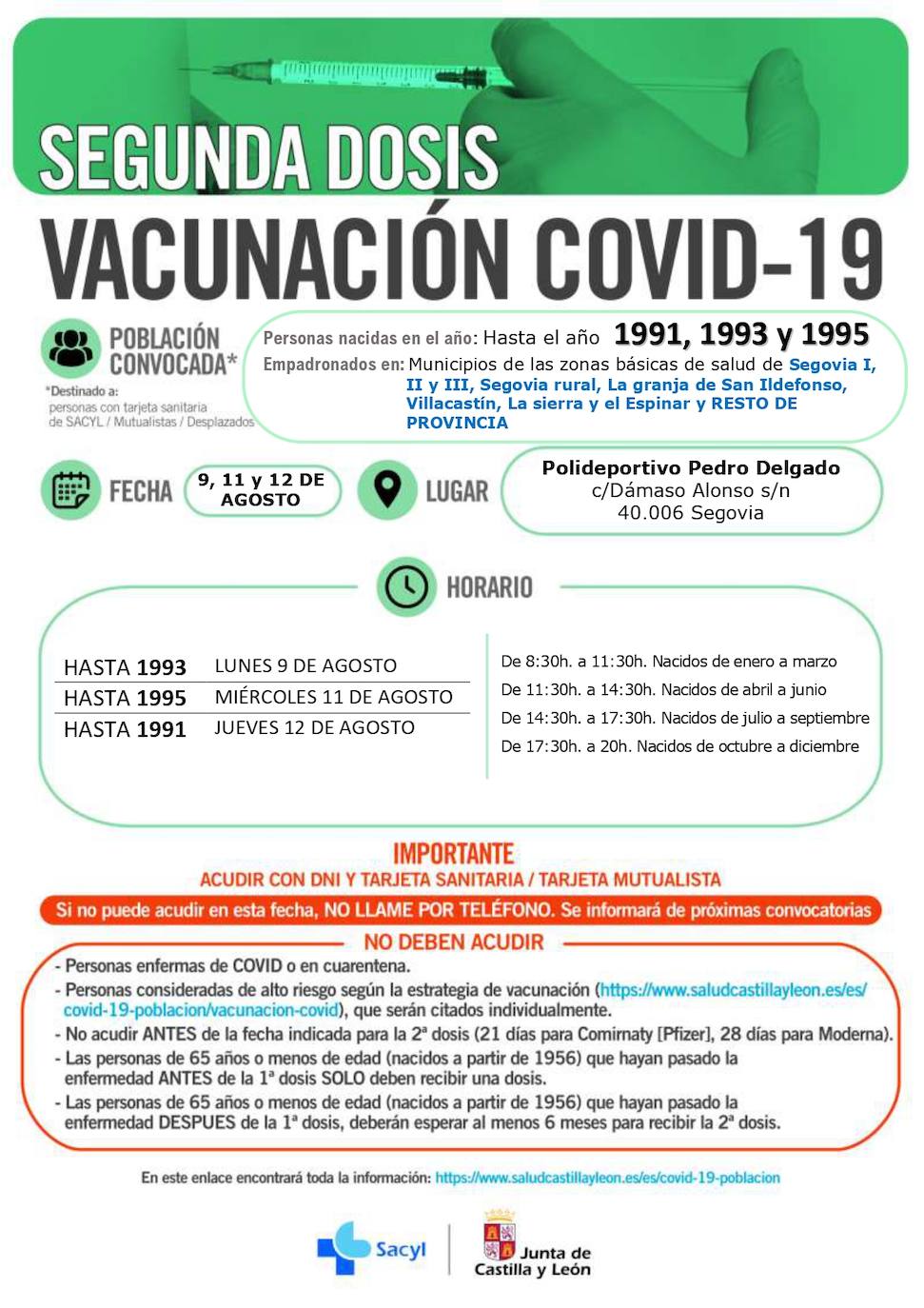 Horarios de vacunación en Segovia.