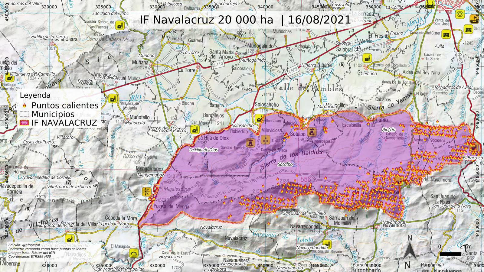 Superficie quemada en el incendio de Navalacruz hasta el domingo. 