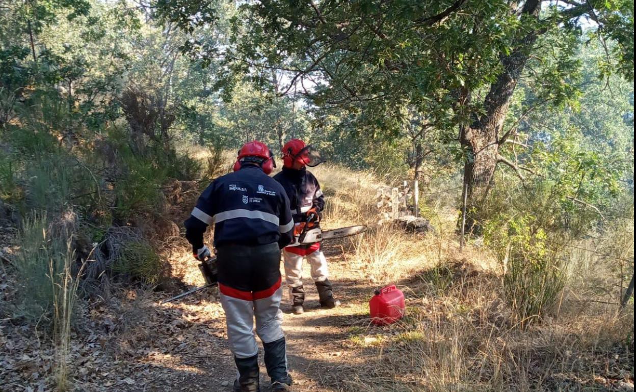 Cuadrillas de la Diputación de Ávila trabajan para asegurar el perímetro del incendio de Navalacruz y refrescar la zona. 