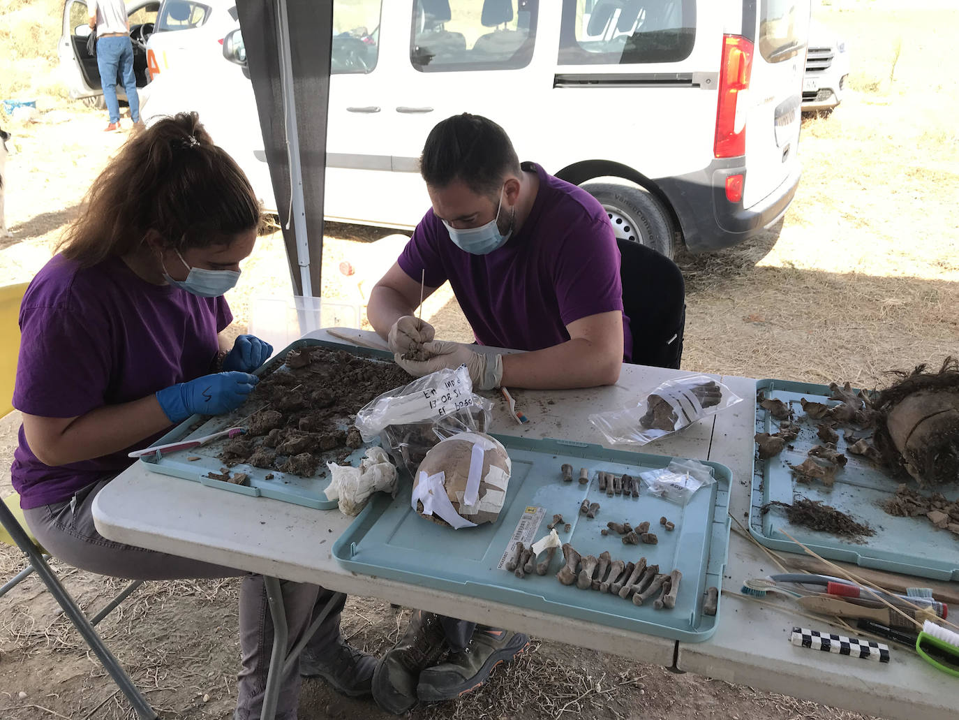 Colaboradores de la ARMH clasifican restos humanos de la fosa.