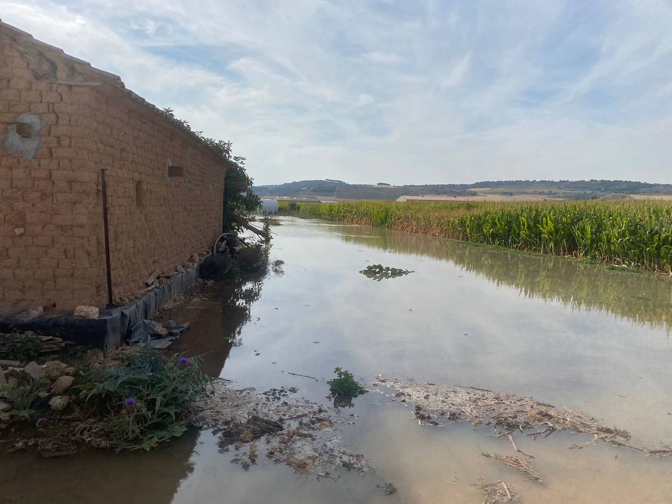 Estado de la zona afectada tras el reventón de una tubería en el canal de Riaza, en Valbuena de Duero.