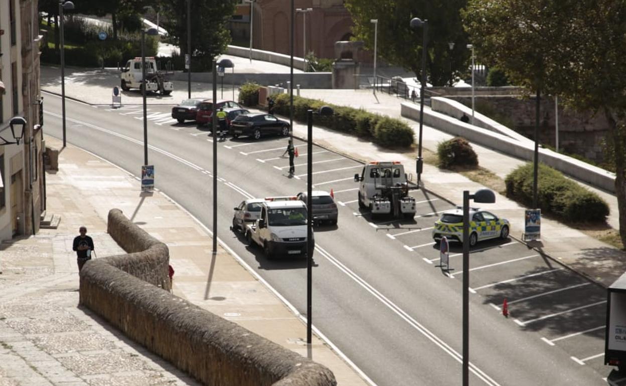 Varias grúas municipales retiran los vehículos estacionados en el paseo de San Gregorio. 