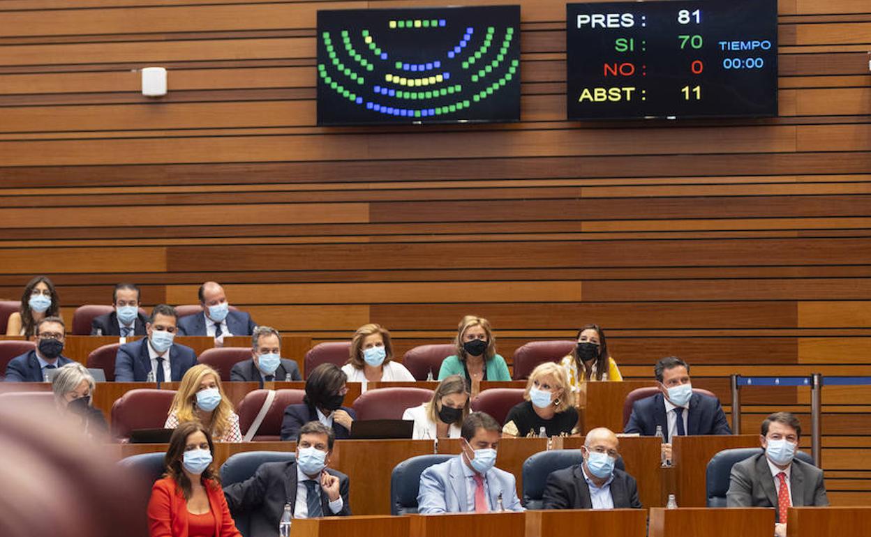 Mañueco e Igea, en primera fila, mientras el marcador muestra el resultado de la votación para retirar la reforma sanitaria. 