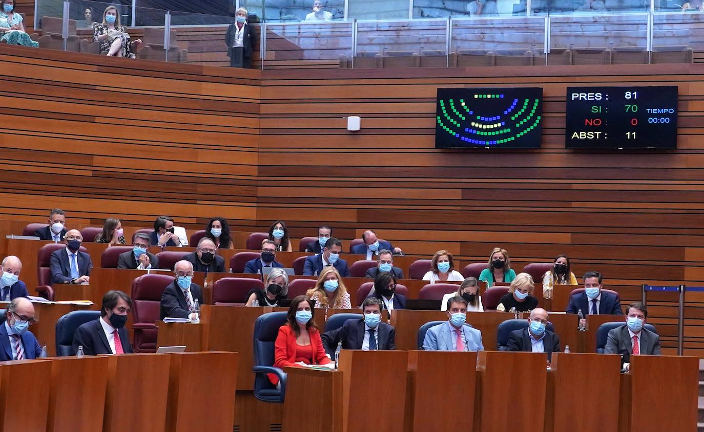 La bancada del PP y del Gobierno, con Ana Carlota Amigo, Carlos Fernández Carriedo, Ángel Ibáñez, Francisco Igea y Alfonso Fernández Mañueco, tras la votación que pedía la retirada de la reforma sanitaria. 