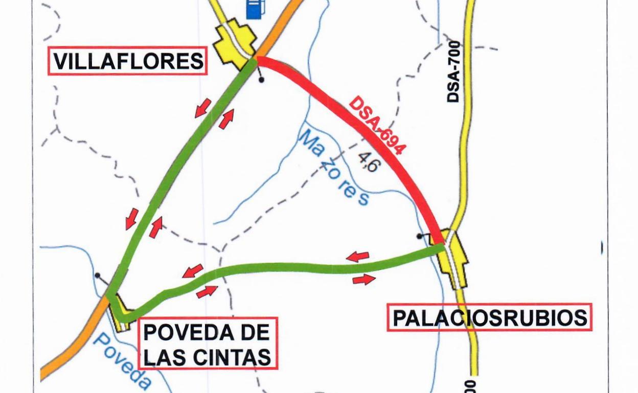 Mapa del corte de la carretera entre ambos municipios y el recorrido recomendado por Poveda. 