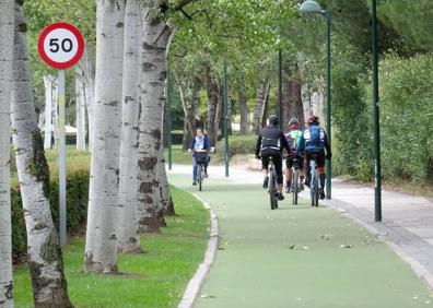 Imagen secundaria 1 - Los operarios pintan el carril bici de la avenida de Zamora. Debajo, el nuevo tramo y, a la derecha, el tramo cortado del puente de Hispanoamérica. 