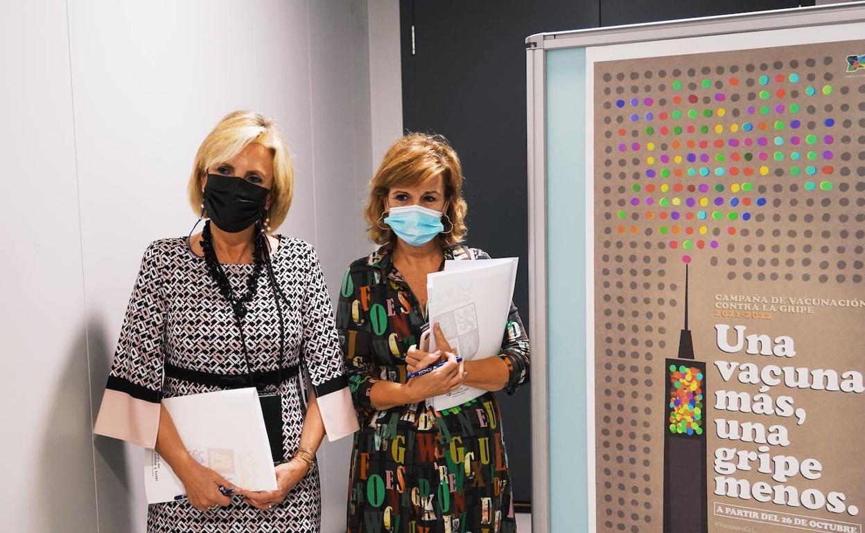 La consejera de Sanidad, Verónica Casado y la directora de Salud Pública, Carmen Pacheco, en la presentación de la campaña antigripal. 