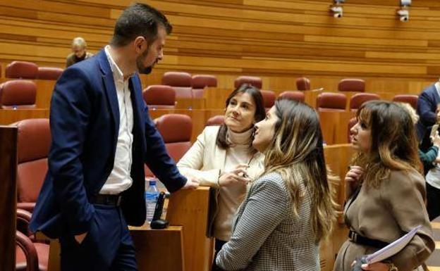 Luis Tudanca y Patricia Gómez Urbán (derecha), en las Cortes, en presencia, entre otras, de Ana Sánchez (primera por la izquierda). 