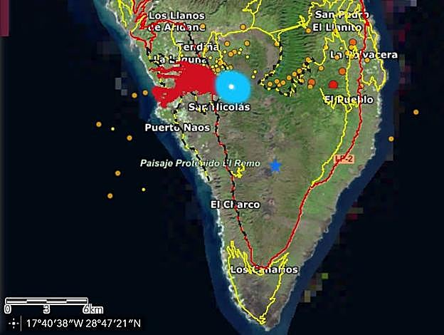 Zonas afectadas. El volcán está representado por el punto grande azul. 