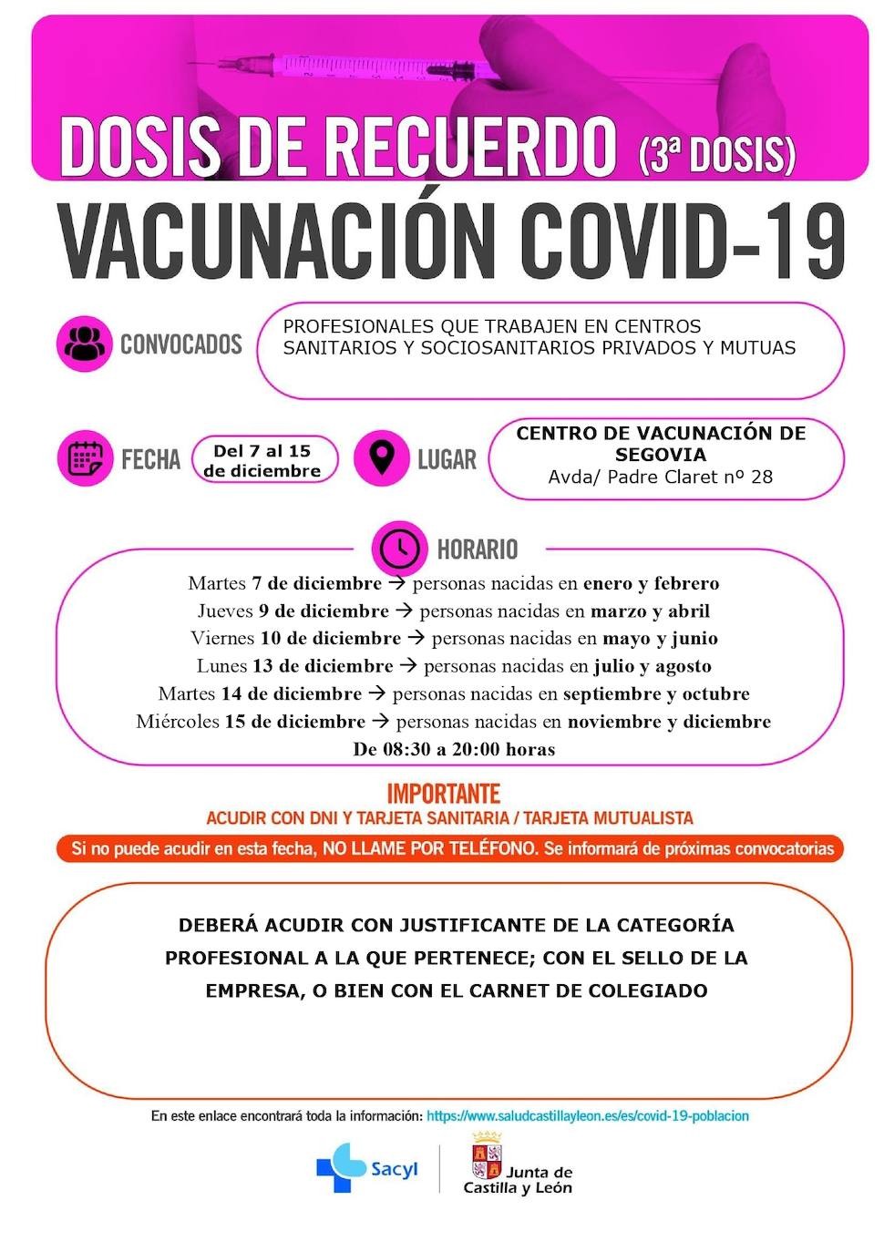 Información y horarios sobre la vacunación en Segovia capital.